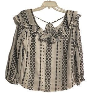 Tuscan Lg White Blouse Black Geo Detail Long Sleeve Feminine Ruffles & Tie-backs